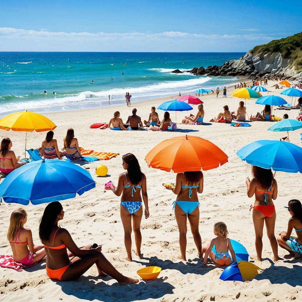 A scenic beach setting filled with families enjoying summer reunions, showcasing a variety of colorful and trendy bikinis worn by women of diverse backgrounds. Include children playing with beach toys, vibrant beach umbrellas, and a clear blue sky as the backdrop. Capture the essence of joy and togetherness with laughter and smiles. Use bright, eye-catching colors to emphasize the summer vibe. super-realistic. vibrant colors. beach atmosphere.