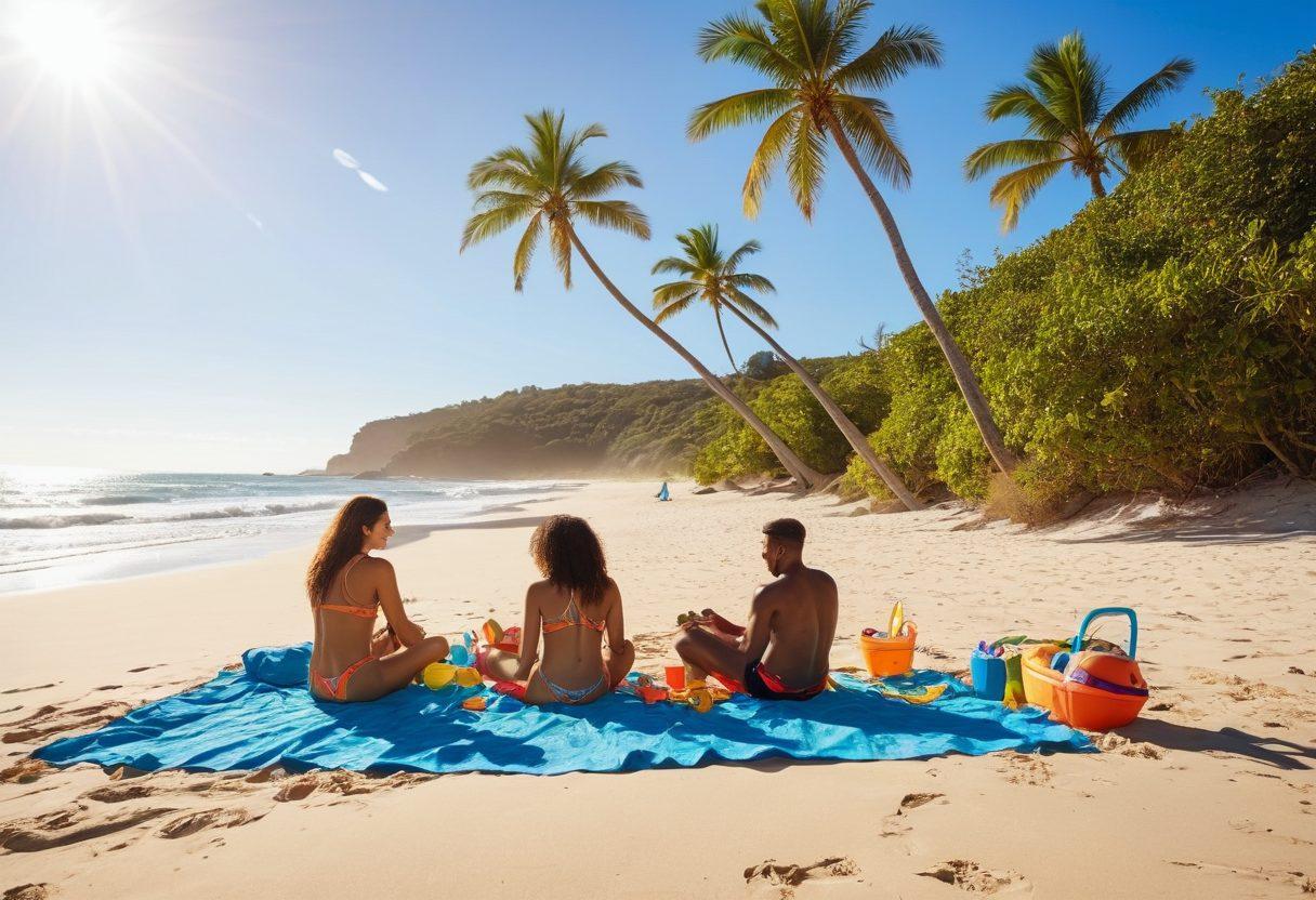 A vibrant beach scene featuring a diverse family joyfully gathering around a colorful picnic setup on the sand, adorned with trendy bathing suits and stylish oceanwear. Include playful beach toys and a sun-soaked ocean in the background, complemented by palm trees swaying in the breeze. Capture the essence of summer fun and togetherness with warm, inviting colors that evoke a sense of joy and relaxation. super-realistic. vibrant colors. sunny atmosphere.