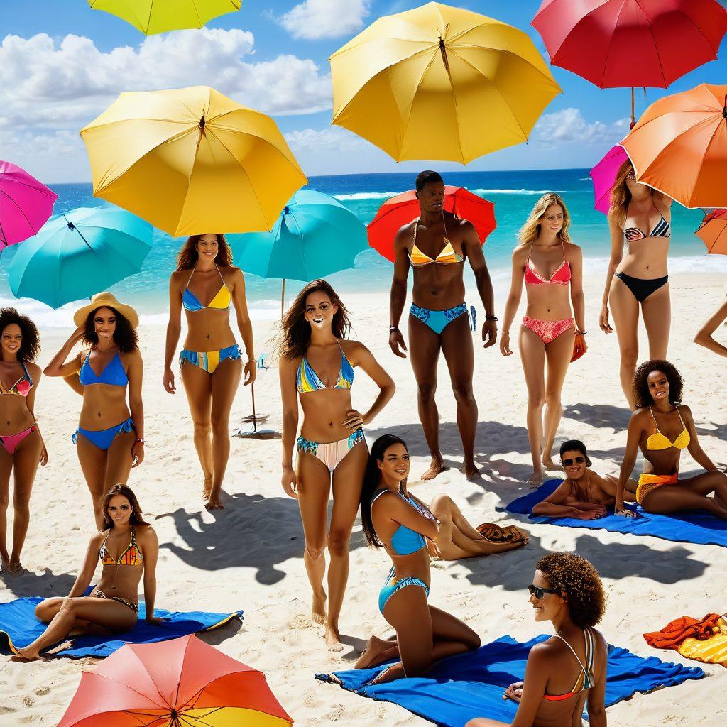 A sun-drenched beach scene showcasing diverse models wearing stylish swimwear, mingling in a beachside setting. Vibrant umbrellas, tropical drinks, and beach towels add a festive touch, highlighting various swimwear styles from bikinis to one-pieces. Waves crashing in the background to create a relaxing ambiance. The warm sun casts golden light, enhancing the vibrant colors of the swimwear and accessories. super-realistic. vibrant colors. summer vibe.
